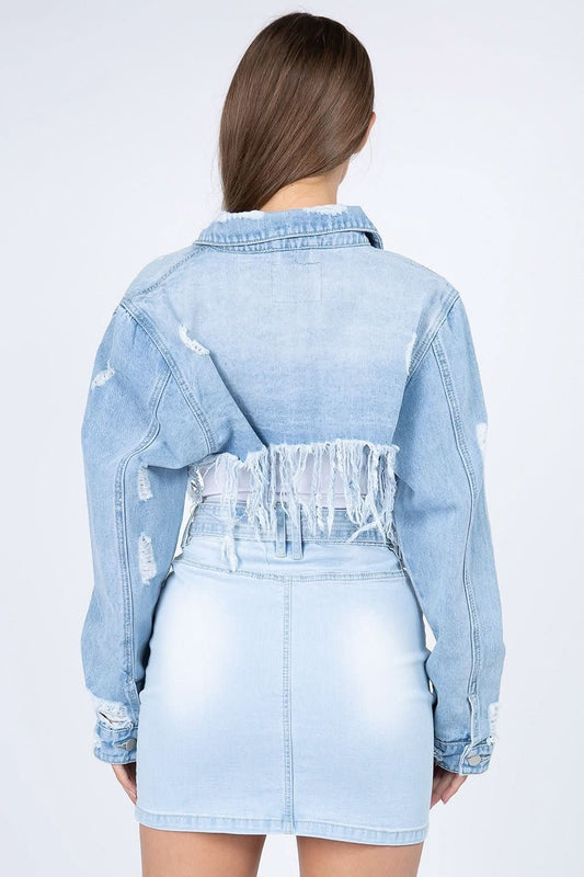 American Bazi Distressed Denim Jacket with Frayed Hem - Wear and Wander