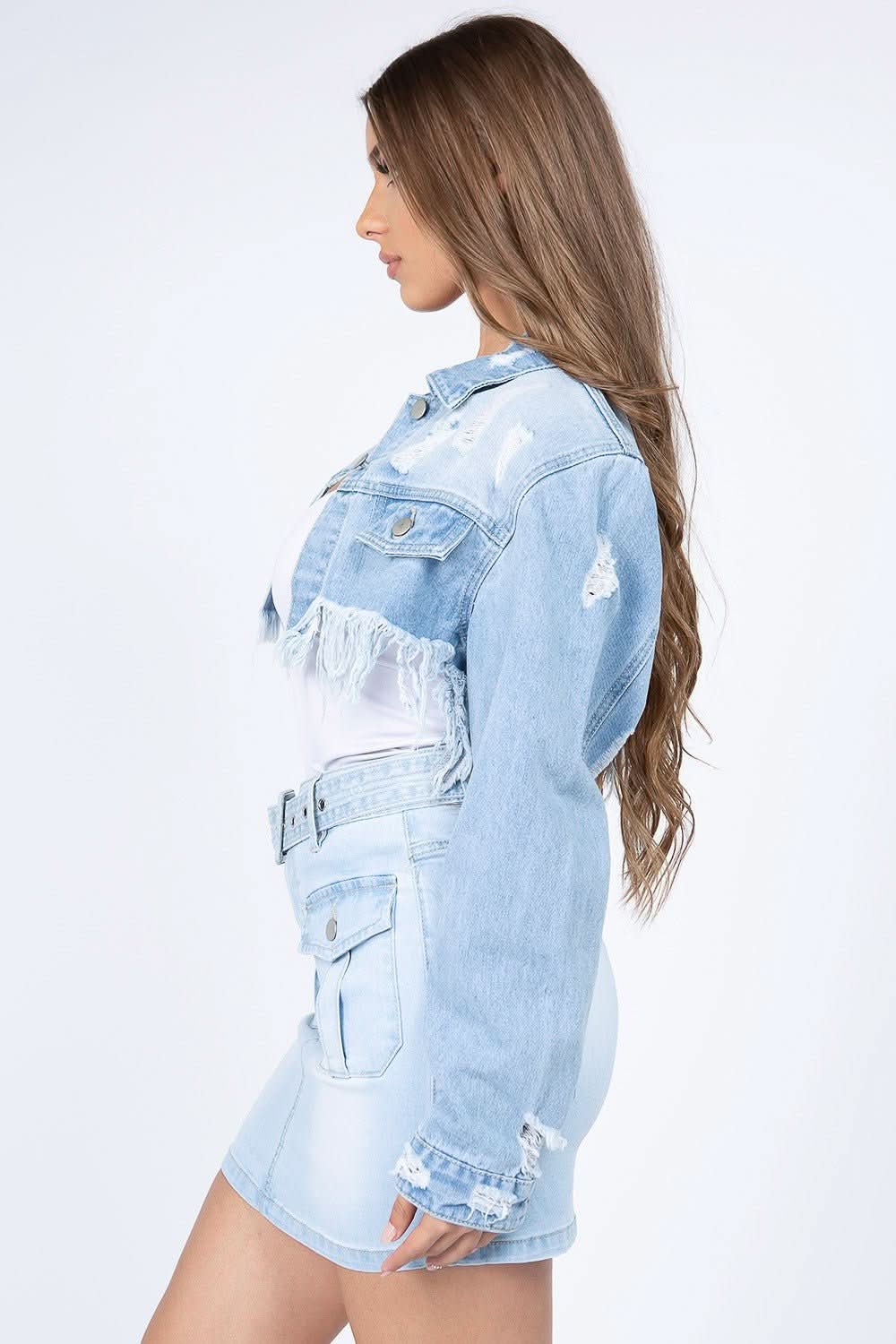 American Bazi Distressed Denim Jacket with Frayed Hem - Wear and Wander