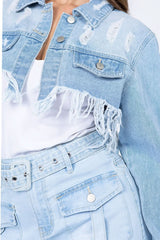 American Bazi Distressed Denim Jacket with Frayed Hem - Wear and Wander