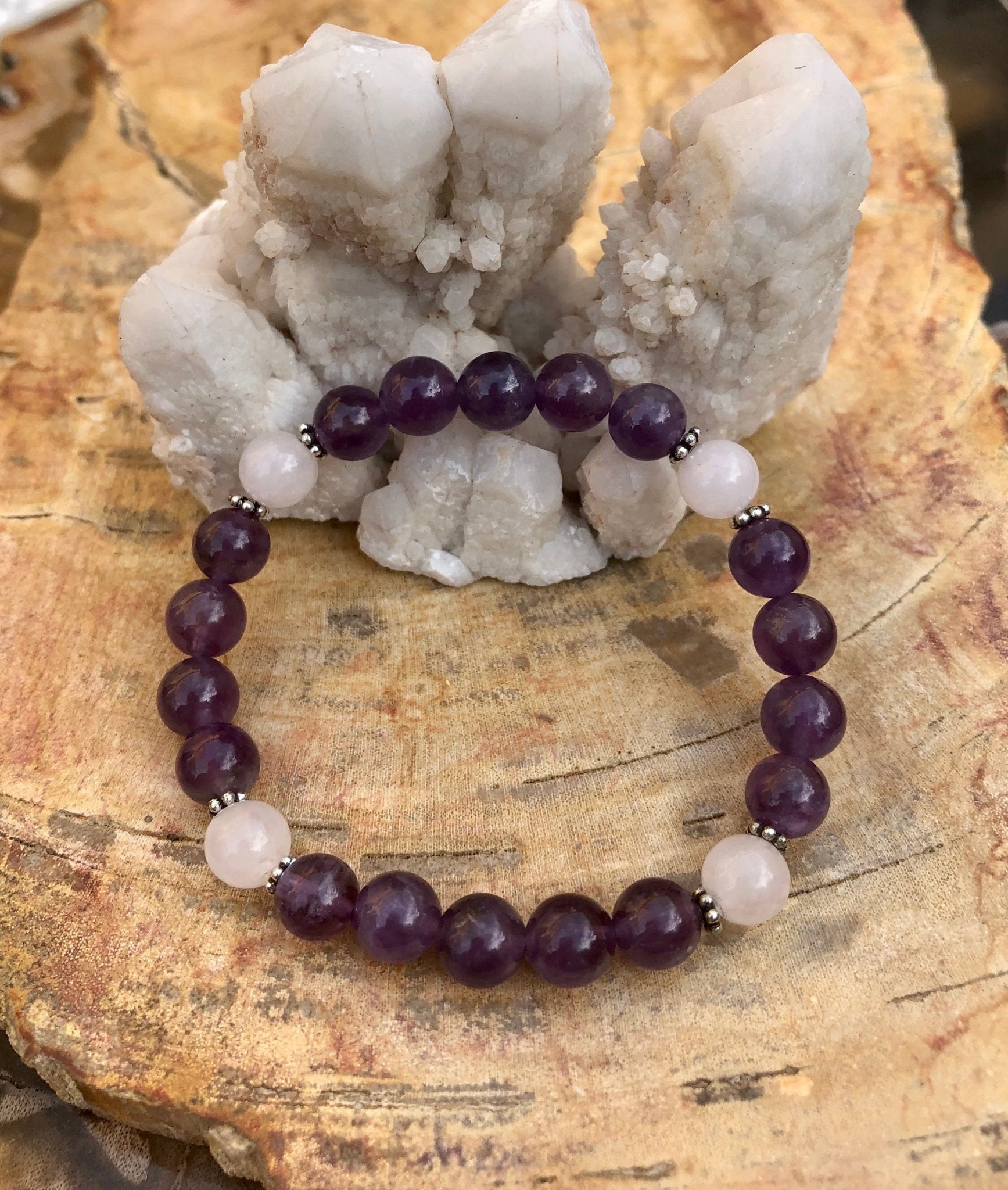 Amethyst & Rose Quartz Stretch Bracelet! Natural Crystals! - Wear and Wander