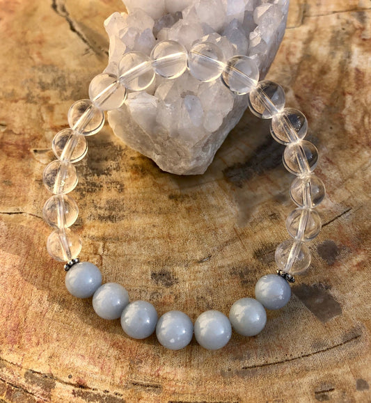 Angelite Celestite & Crystal Quartz Bracelet! Genuine Gemstones! - Wear and Wander