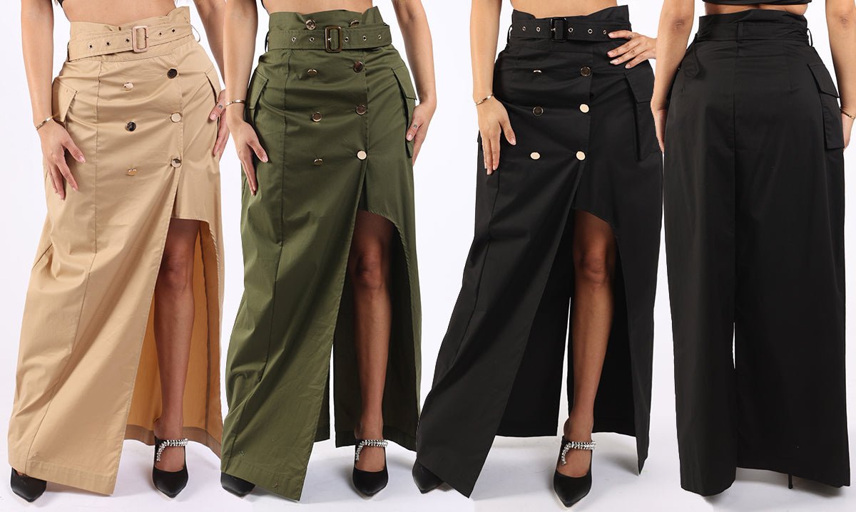 Asymmetric Self Belted Pockets Detailed Maxi Skirt Formal Casual - Wear and Wander