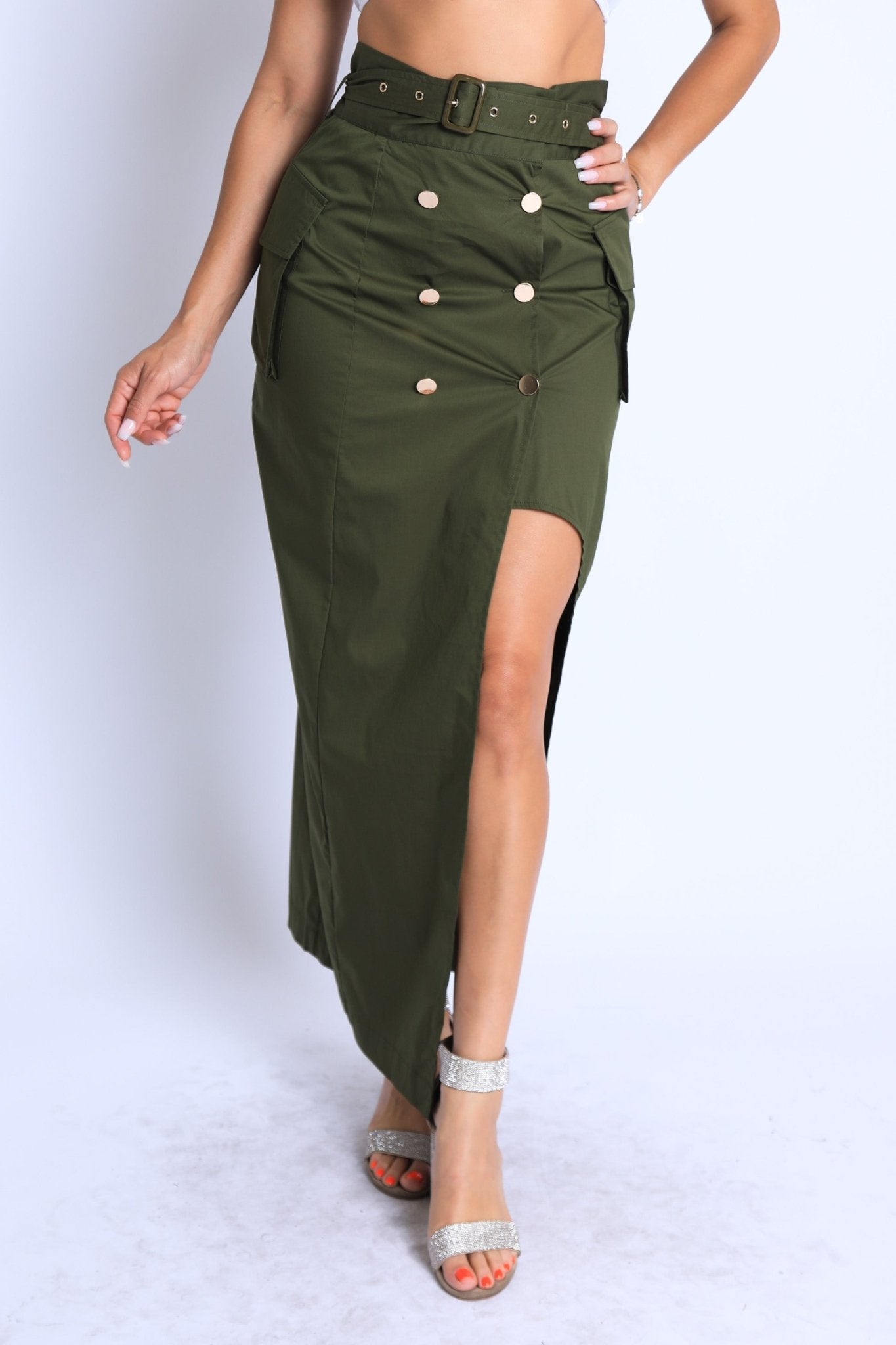 Asymmetric Self Belted Pockets Detailed Maxi Skirt Formal Casual - Wear and Wander