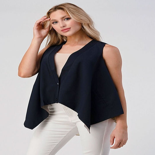 Asymmetrical Button - Down Sleeveless Vest with Layered Hem - Wear and Wander