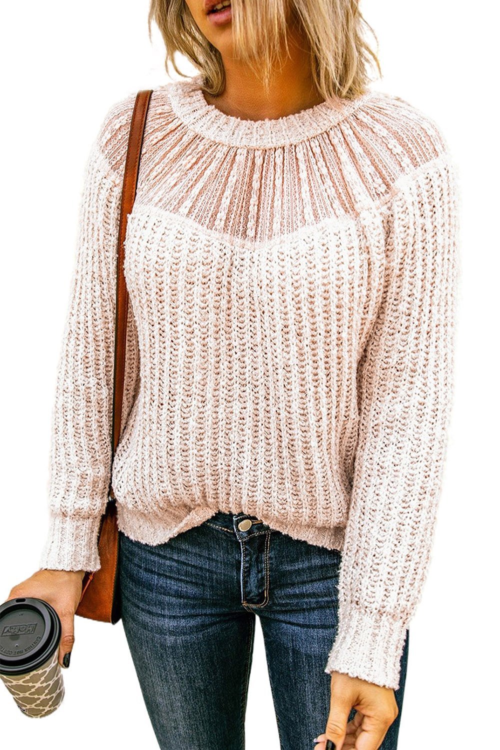 Beige Round Neck Lace Splicing Knitted Sweater - Wear and Wander