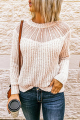 Beige Round Neck Lace Splicing Knitted Sweater - Wear and Wander