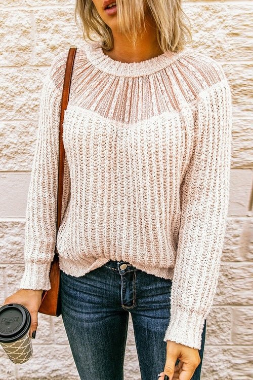 Beige Round Neck Lace Splicing Knitted Sweater - Wear and Wander