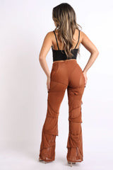 Bell Bottom Yoga Layered Mesh Flared Leg Pants Leggings Mocha S M L - Wear and Wander