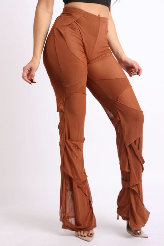 Bell Bottom Yoga Layered Mesh Flared Leg Pants Leggings Mocha S M L - Wear and Wander