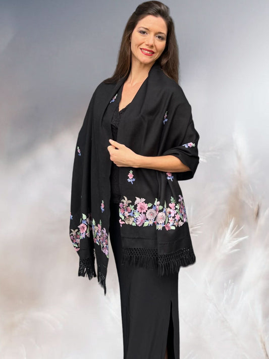 Black and Pink Embroidered Wrap - Wear and Wander