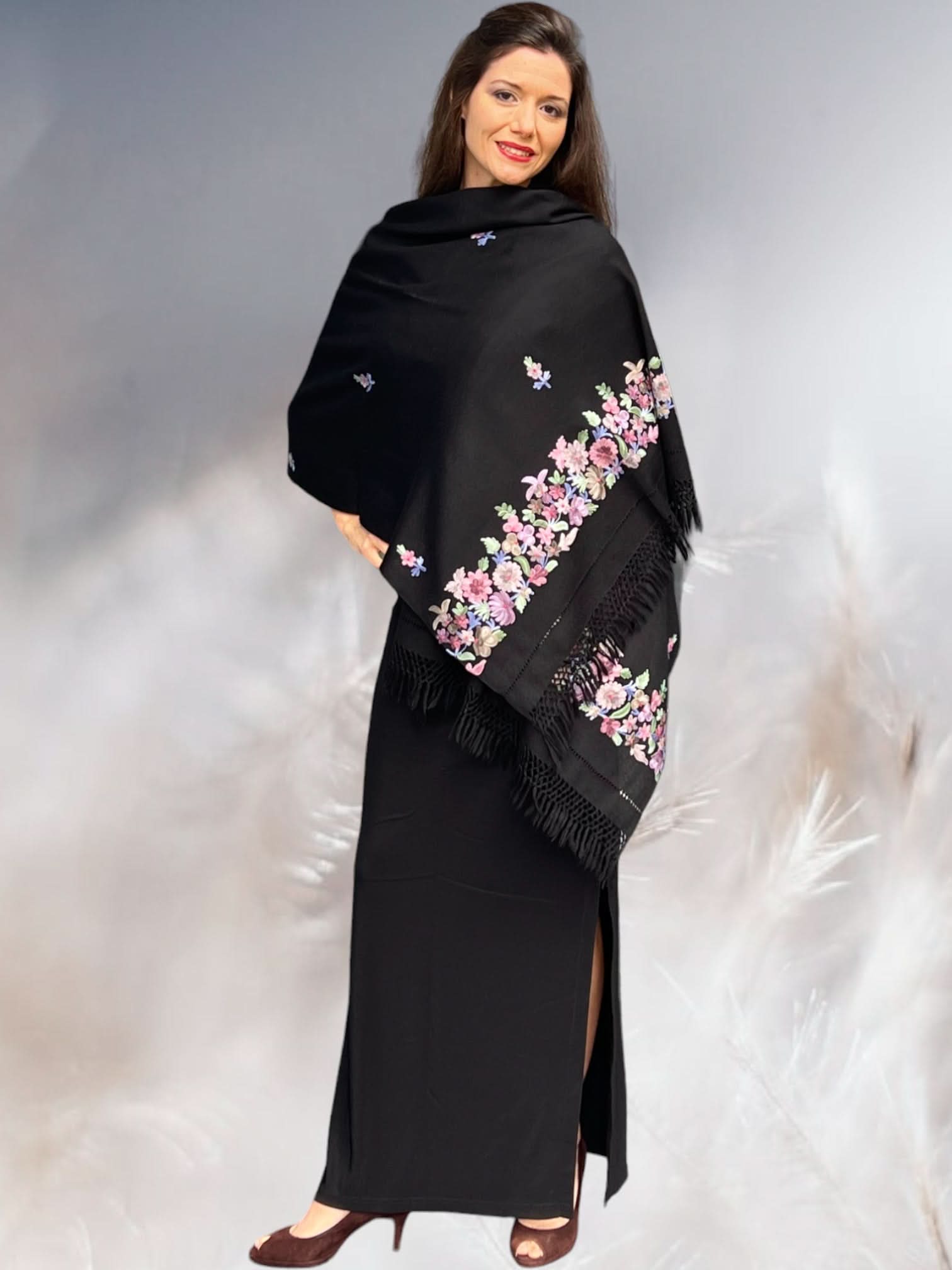 Black and Pink Embroidered Wrap - Wear and Wander