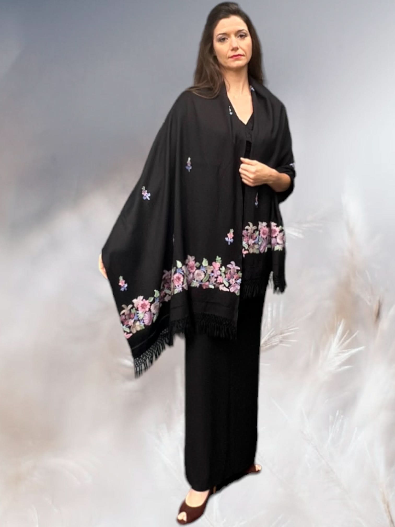 Black and Pink Embroidered Wrap - Wear and Wander