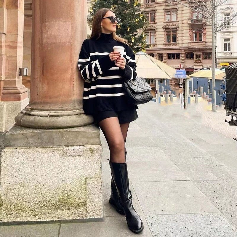 Black and White Striped Knitted Sweater - Wear and Wander