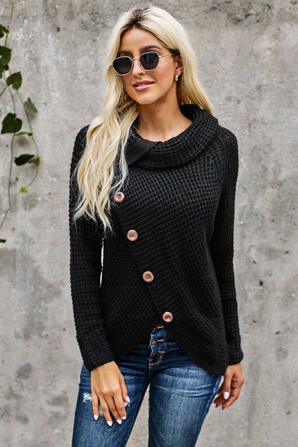 Black Buttoned Wrap Turtleneck Sweater - Wear and Wander