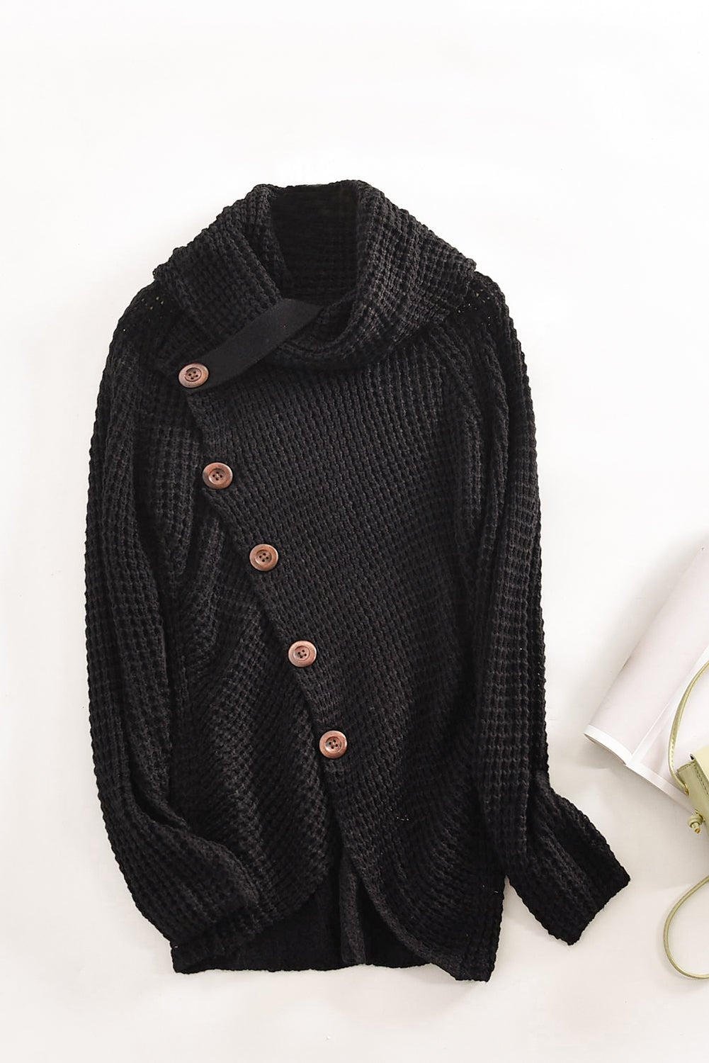 Black Buttoned Wrap Turtleneck Sweater - Wear and Wander