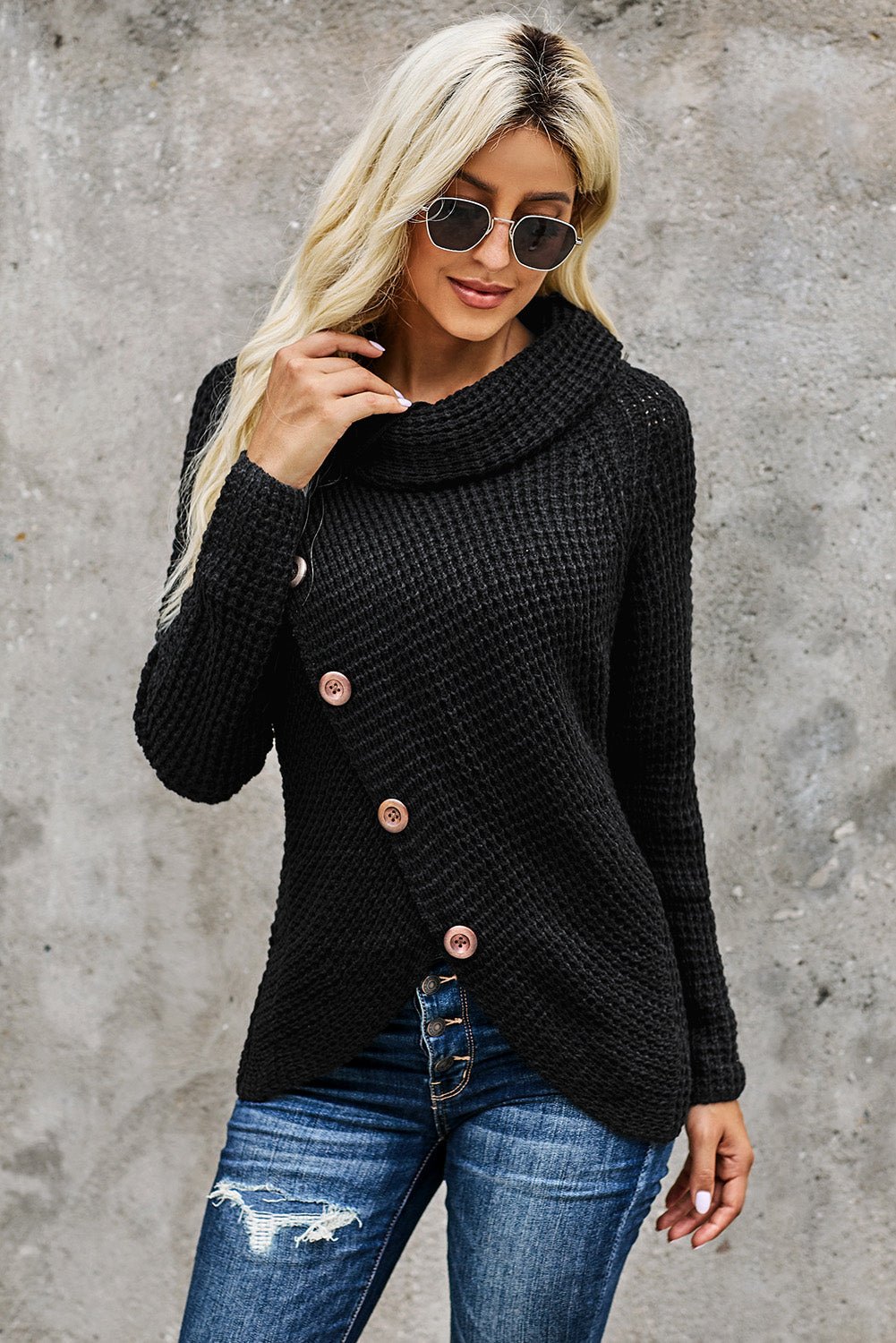 Black Buttoned Wrap Turtleneck Sweater - Wear and Wander