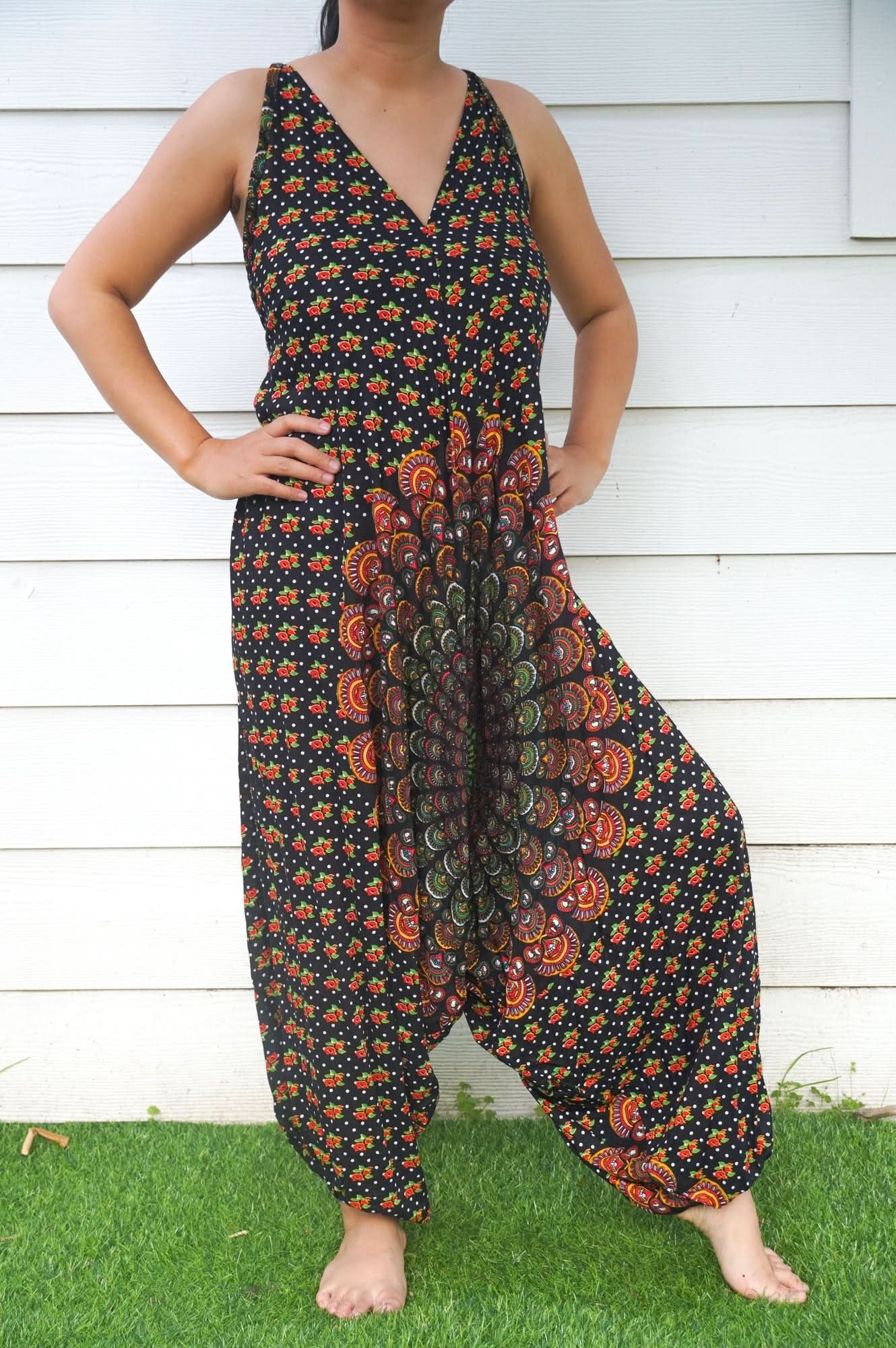 Black Chakra Hippie Jumpsuits, Boho Rompers, Festival Clothing - Wear and Wander
