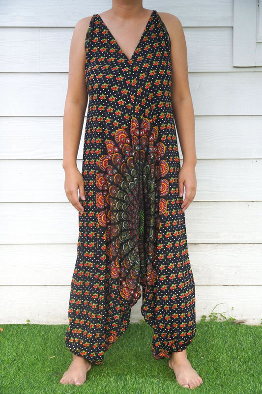 Black Chakra Hippie Jumpsuits, Boho Rompers, Festival Clothing - Wear and Wander