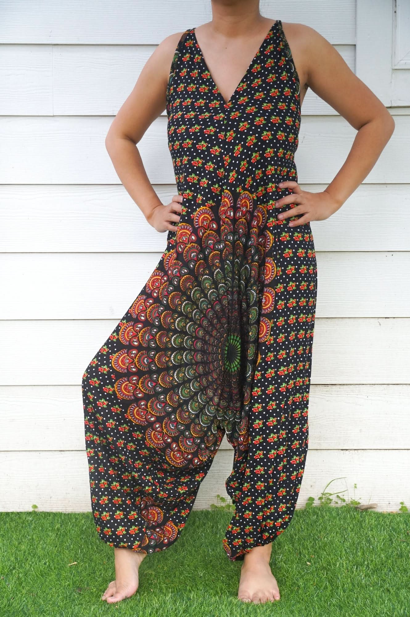 Black Chakra Hippie Jumpsuits, Boho Rompers, Festival Clothing - Wear and Wander