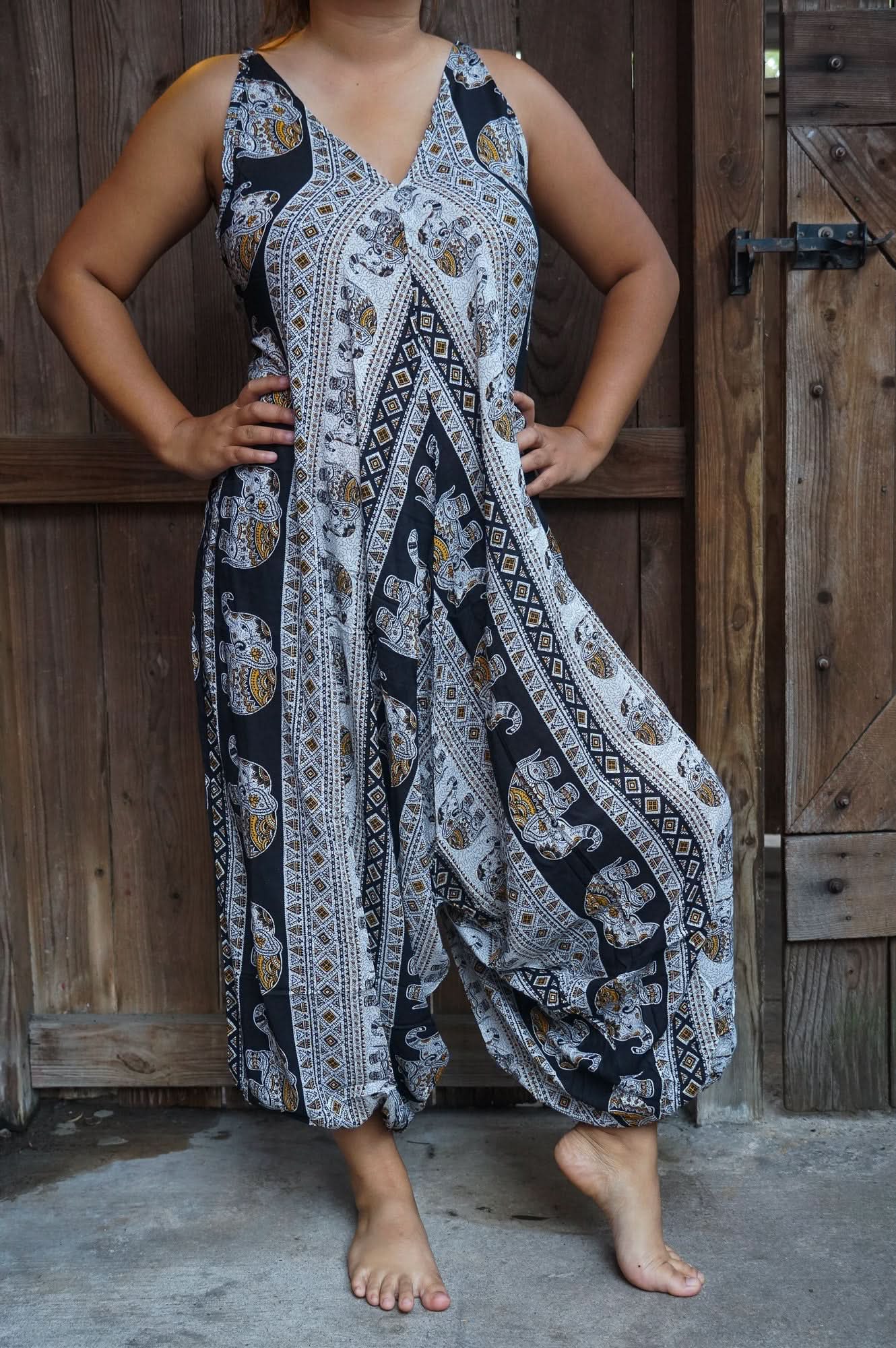 Black Elephant Boho Hippie Jumpsuit Rompers - Wear and Wander