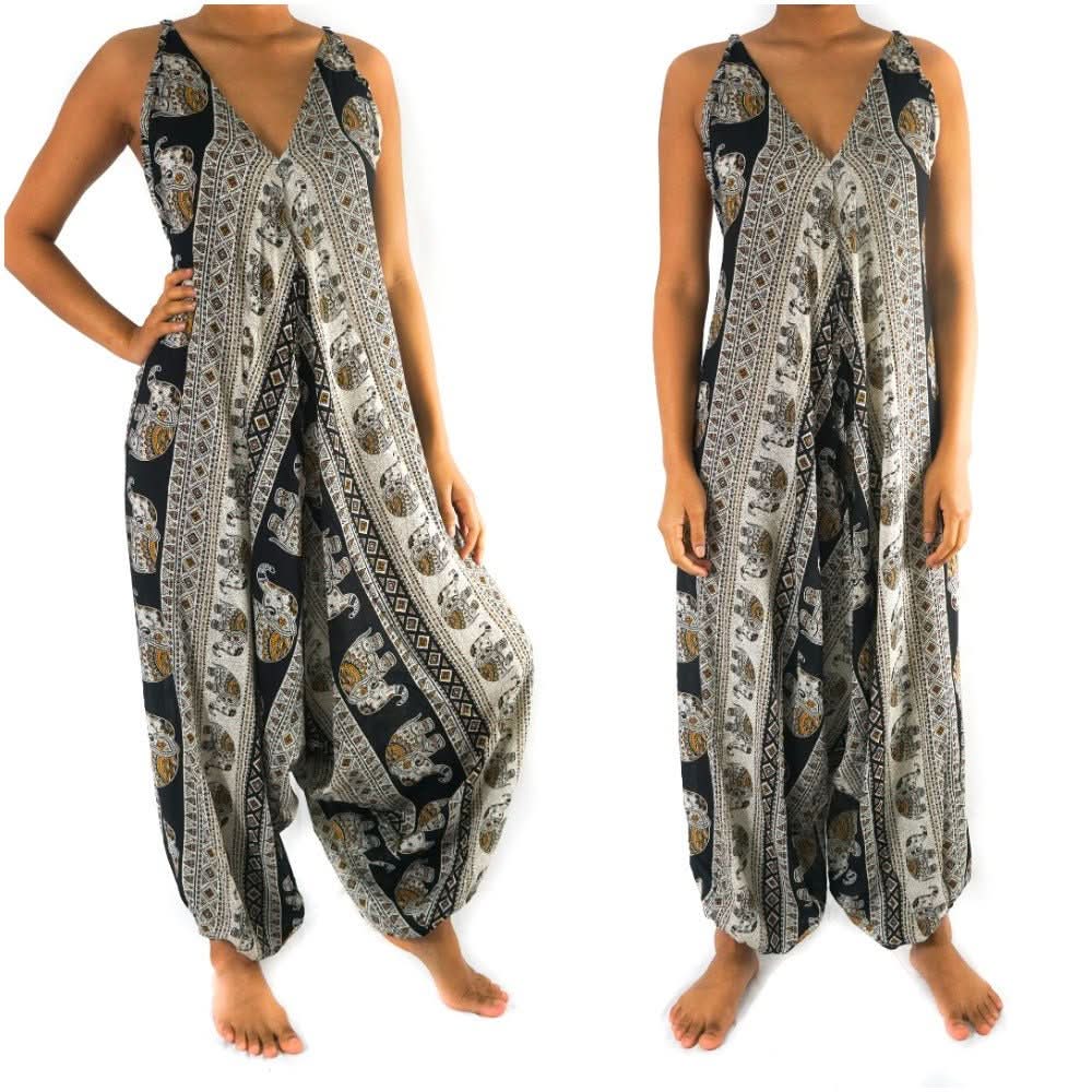 Black Elephant Boho Hippie Jumpsuit Rompers - Wear and Wander