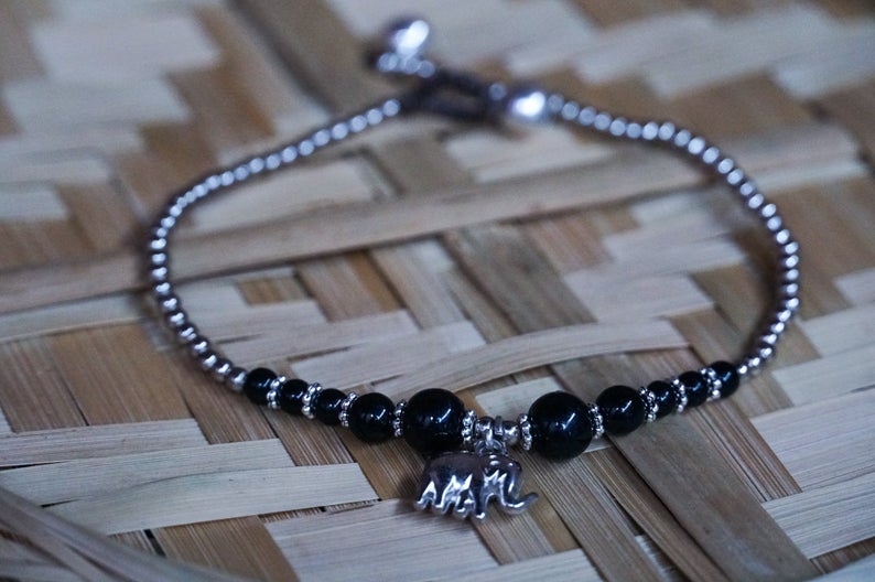 Black Elephant Pendant Boho Silver Anklet - Wear and Wander