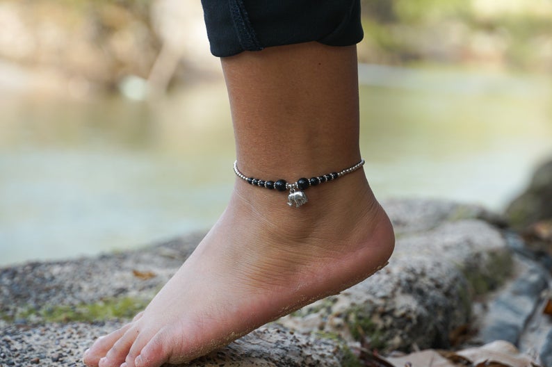 Black Elephant Pendant Boho Silver Anklet - Wear and Wander