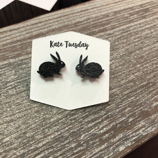 Black Glitter Bunny Rabbit Stud Earrings Easter - Wear and Wander