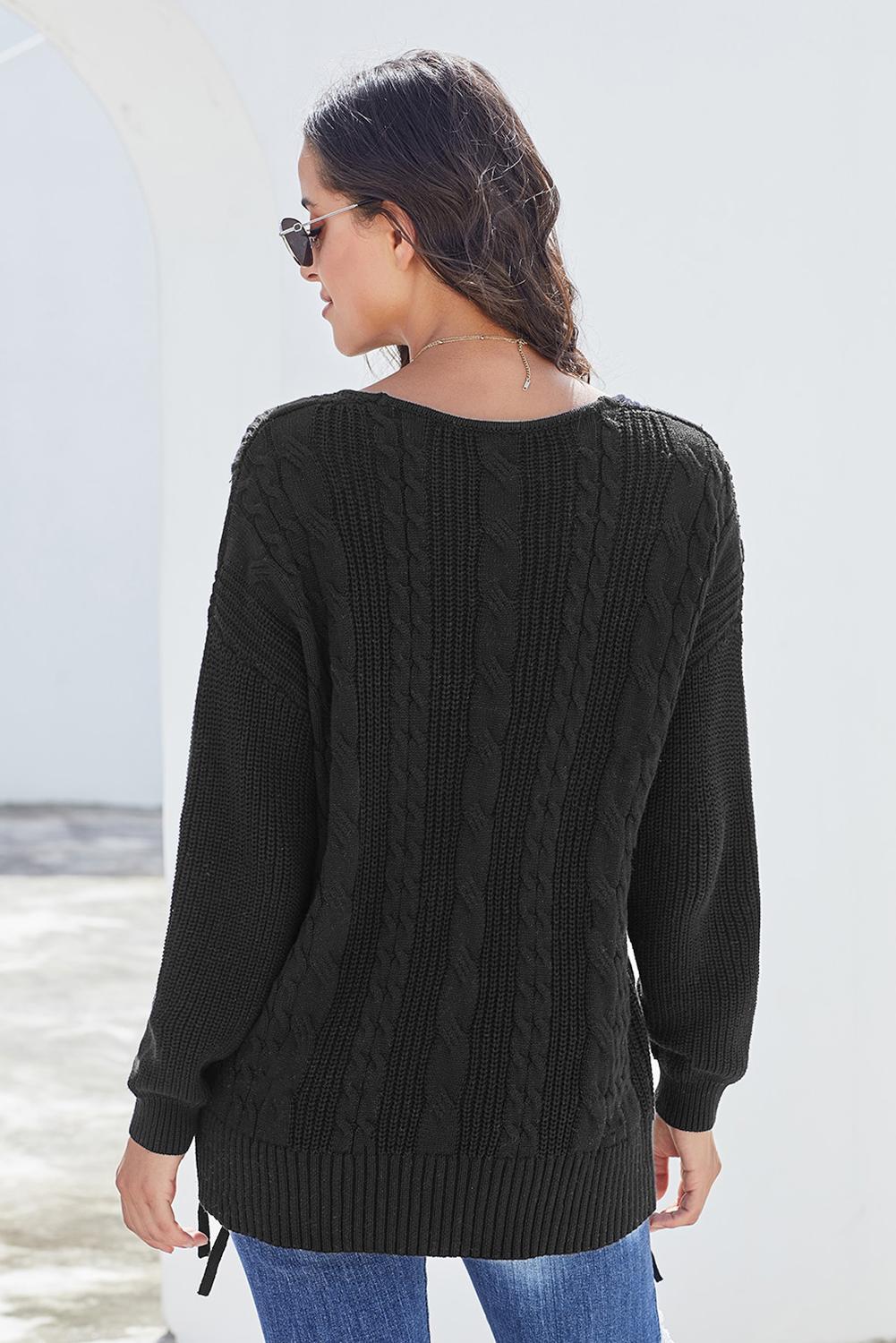 Black Love Letters Lace Up Cable Knit Sweater - Wear and Wander