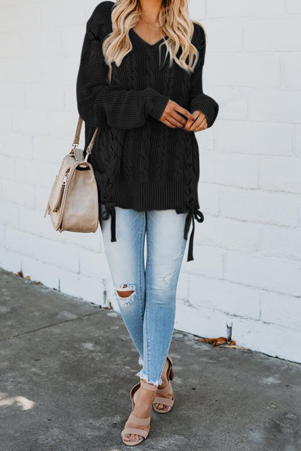 Black Love Letters Lace Up Cable Knit Sweater - Wear and Wander