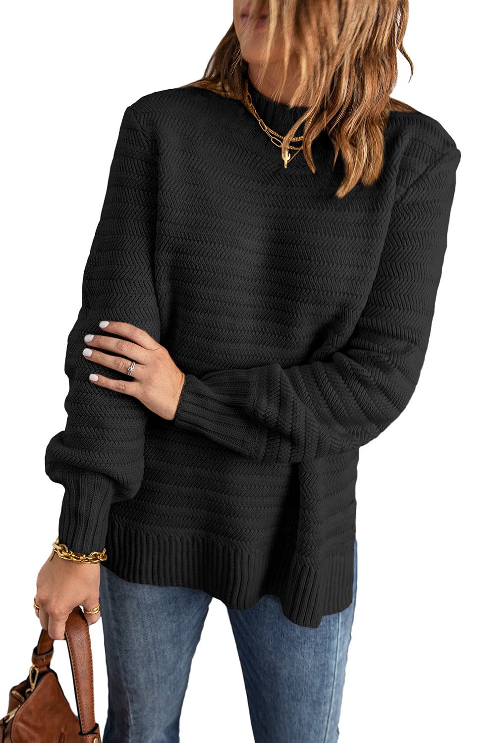 Black Solid Color Stand Collar Textured Sweater - Wear and Wander