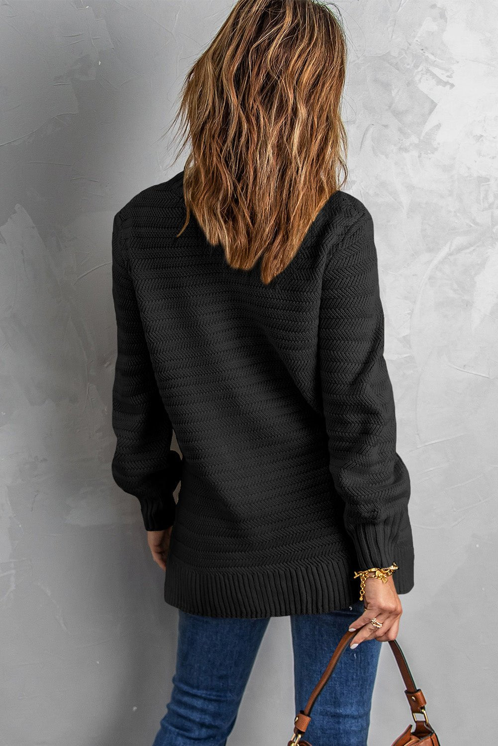 Black Solid Color Stand Collar Textured Sweater - Wear and Wander