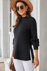 Black Solid Color Stand Collar Textured Sweater - Wear and Wander