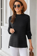 Black Solid Color Stand Collar Textured Sweater - Wear and Wander