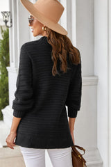 Black Solid Color Stand Collar Textured Sweater - Wear and Wander