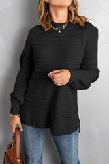 Black Solid Color Stand Collar Textured Sweater - Wear and Wander