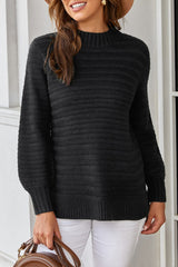 Black Solid Color Stand Collar Textured Sweater - Wear and Wander