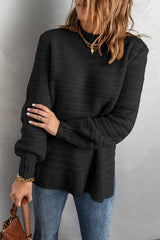 Black Solid Color Stand Collar Textured Sweater - Wear and Wander