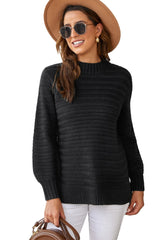 Black Solid Color Stand Collar Textured Sweater - Wear and Wander