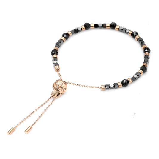 Black Spinel beads Rose Gold skull pull - chain bracelet - Wear and Wander