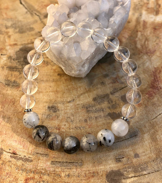 Black Tourmaline & Crystal Quartz Stretch Bracelet! Genuine Crystals! - Wear and Wander