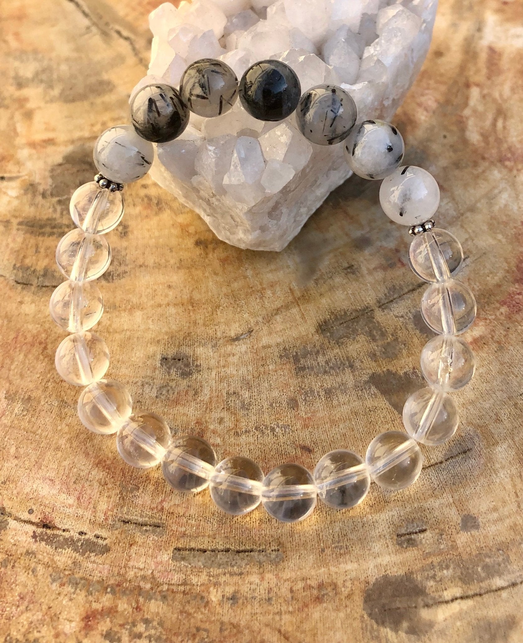 Black Tourmaline & Crystal Quartz Stretch Bracelet! Genuine Crystals! - Wear and Wander