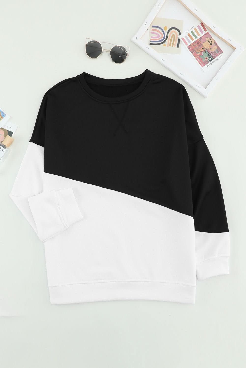 Black White Patchwork Dropped Shoulder Sleeve Sweatshirt - Wear and Wander