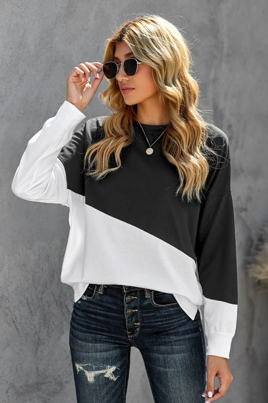 Black White Patchwork Dropped Shoulder Sleeve Sweatshirt - Wear and Wander