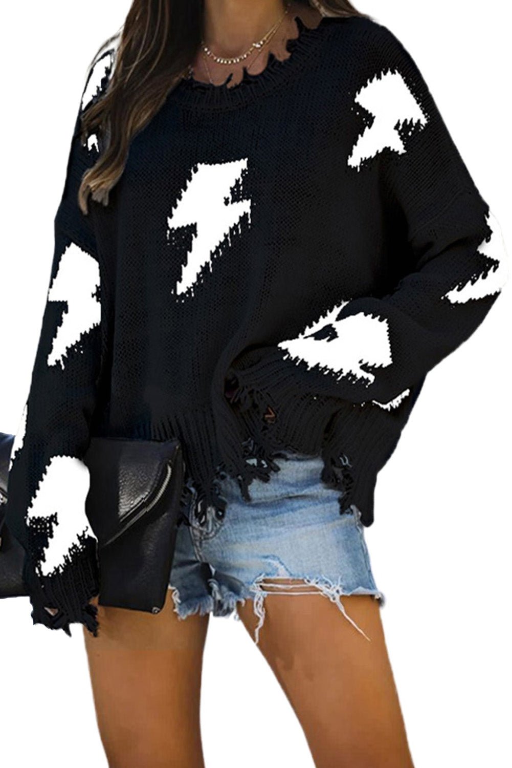 Blacki Distressed Knit Bolt Sweater - Wear and Wander