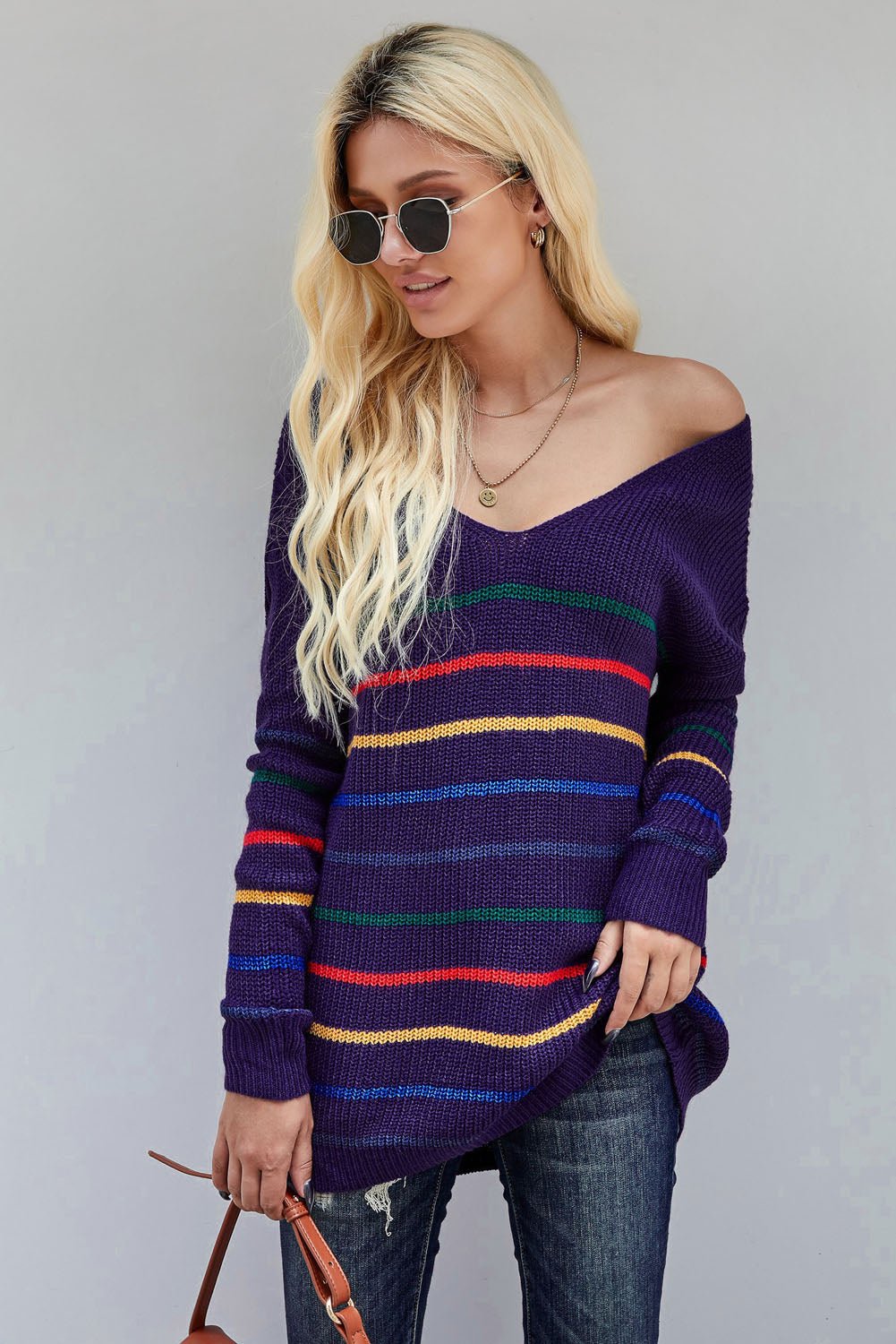 Blue Striped Loose Knit Sweater - Wear and Wander