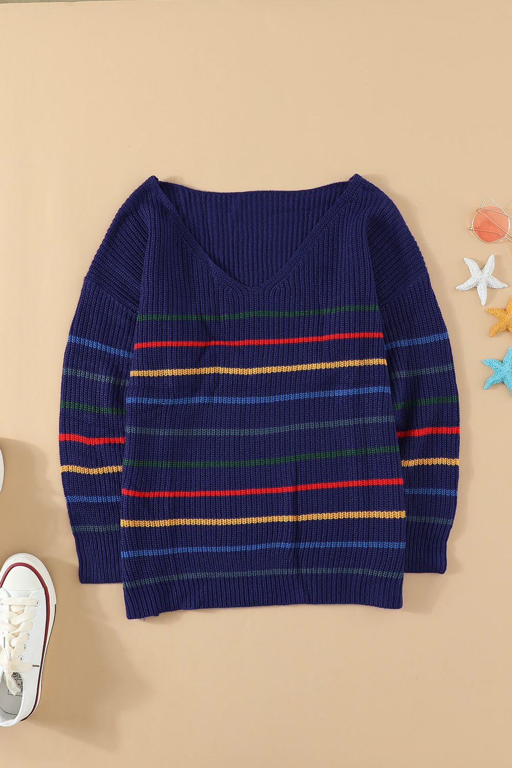 Blue Striped Loose Knit Sweater - Wear and Wander