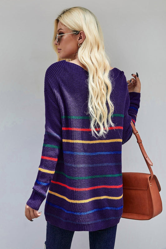 Blue Striped Loose Knit Sweater - Wear and Wander