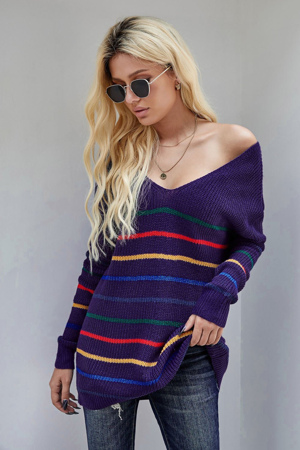 Blue Striped Loose Knit Sweater - Wear and Wander