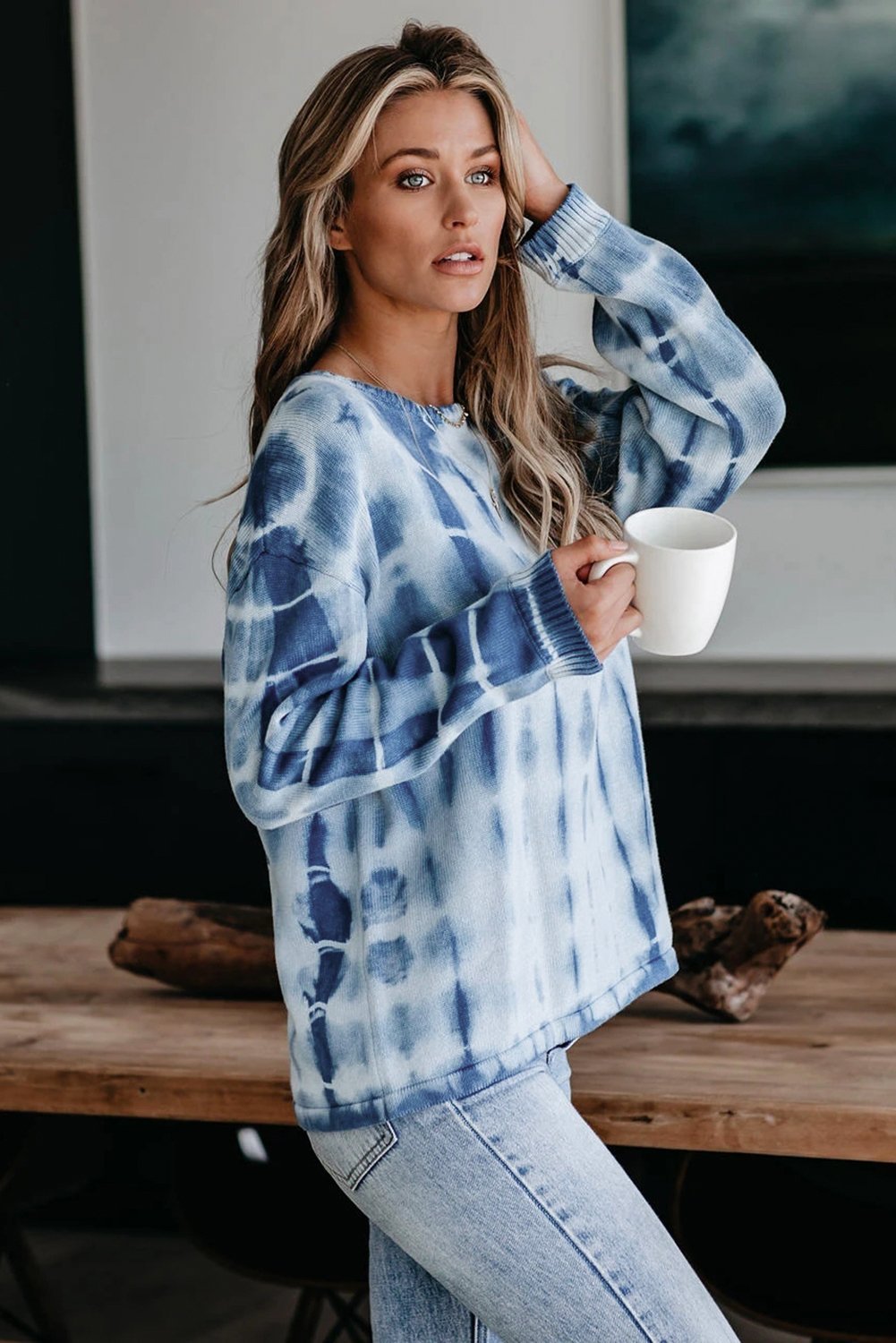 Blue White Tie - dye Print Knit Sweater - Wear and Wander